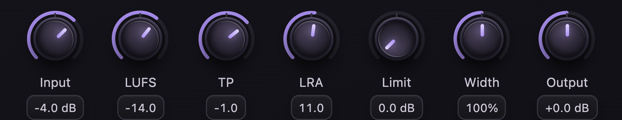 The seven knobs: Input, LUFS, TP, LRA, Limit, Width, Output, each with its readout